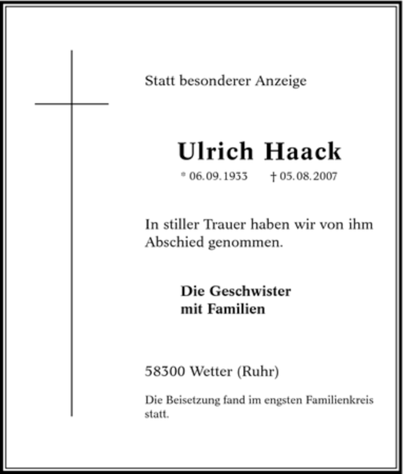  Traueranzeige für Ulrich Haack vom 24.08.2007 aus Tageszeitung