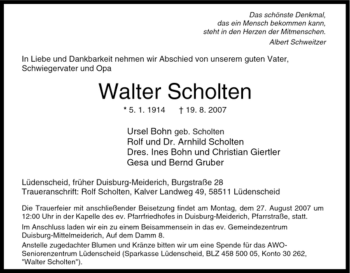 Traueranzeige von Walter Scholten von Tageszeitung