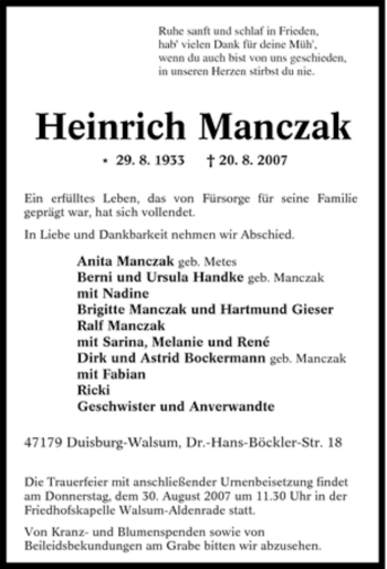 Traueranzeige von Heinrich Manczak von Tageszeitung