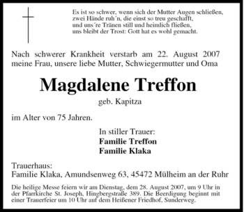 Traueranzeige von Magdalene Treffon von Tageszeitung