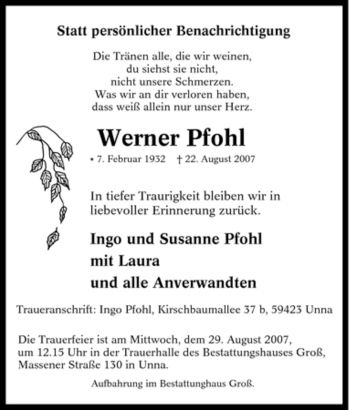 Traueranzeige von Werner Pfohl von Tageszeitung