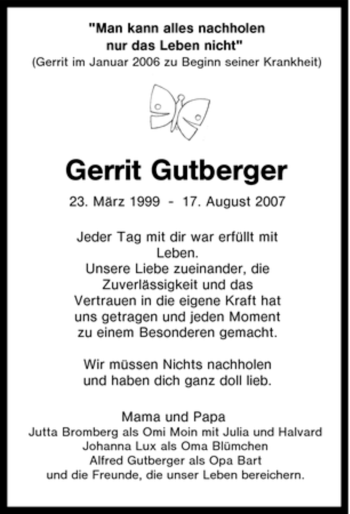Traueranzeige von Gerrit Gutberger von Tageszeitung