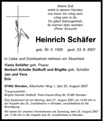Traueranzeige von Heinrich Schäfer von Tageszeitung