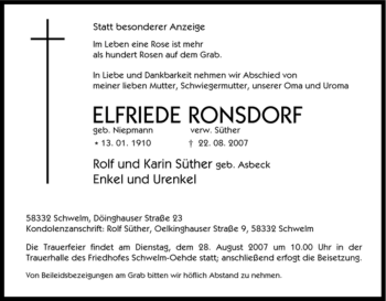 Traueranzeige von Elfriede Ronsdorf von Tageszeitung