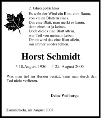 Traueranzeige von Horst Schmidt von Tageszeitung