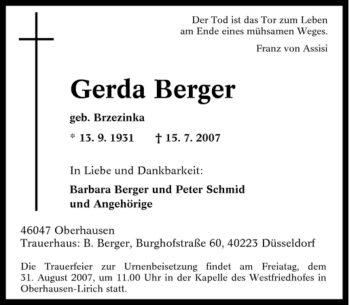 Traueranzeige von Gerda Berger von Tageszeitung
