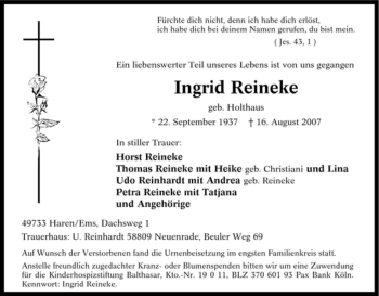 Traueranzeige von Ingrid Reineke von Tageszeitung