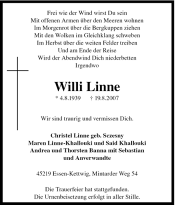 Traueranzeige von Willi Linne von Tageszeitung