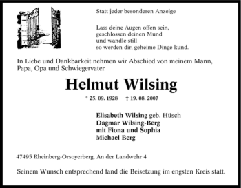 Traueranzeige von Helmut Wilsing von Tageszeitung