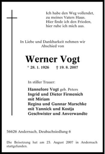 Traueranzeige von Werner Vogt von Tageszeitung