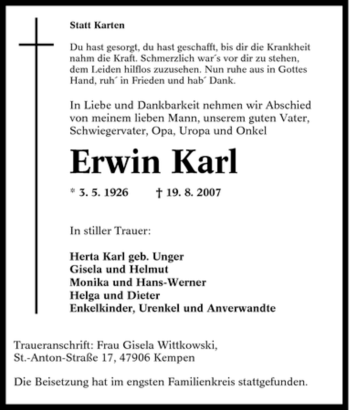 Traueranzeige von Erwin Karl von Tageszeitung