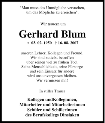 Traueranzeige von Gerhard Blum von Tageszeitung