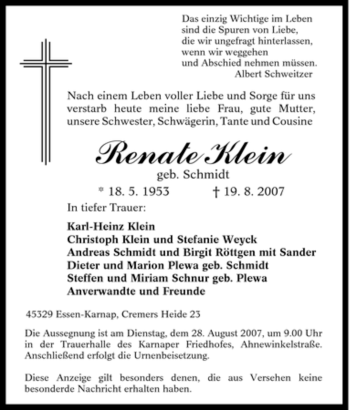 Traueranzeige von Renate Klein von Tageszeitung