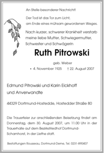 Traueranzeige von Ruth Pitrowski von Tageszeitung
