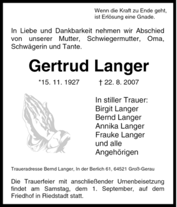Traueranzeige von Gertrud Langer von Tageszeitung