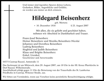 Traueranzeige von Hildegard Beisenherz von Tageszeitung