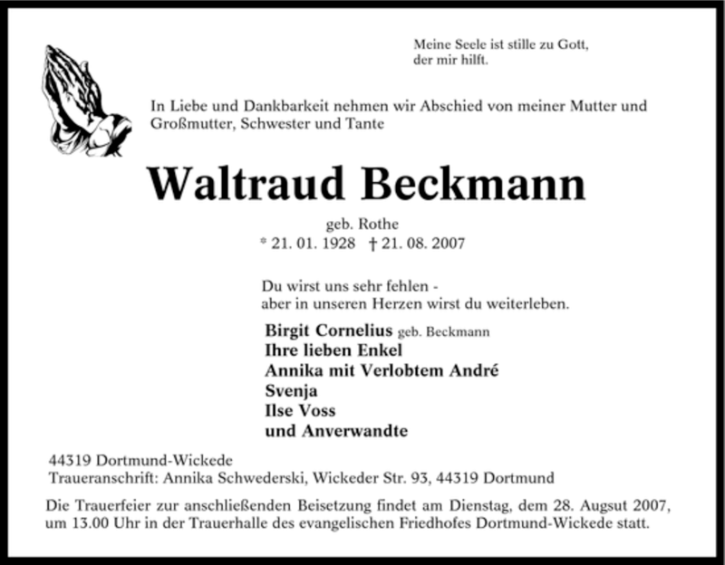 Traueranzeige für Waltraud Beckmann vom 25.08.2007 aus Tageszeitung
