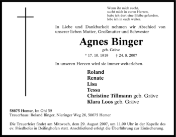 Traueranzeige von Agnes Binger von Tageszeitung