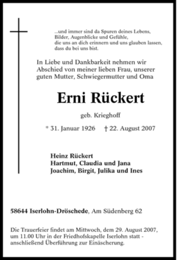 Traueranzeige von Erni Rückert von Tageszeitung
