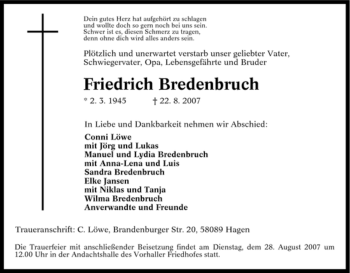 Traueranzeige von Friedrich Bredenbruch von Tageszeitung