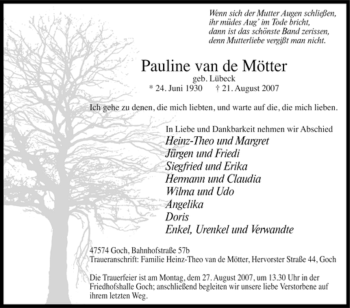 Traueranzeige von Pauline van de Mötter von Tageszeitung