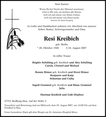 Traueranzeige von Resi Kreibich von Tageszeitung