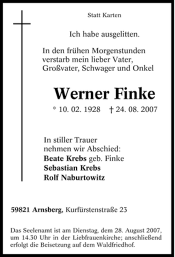 Traueranzeige von Werner Finke von Tageszeitung