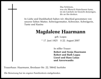 Traueranzeige von Magdalene Haarmann von Tageszeitung