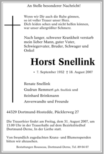 Traueranzeige von Horst Snellink von Tageszeitung