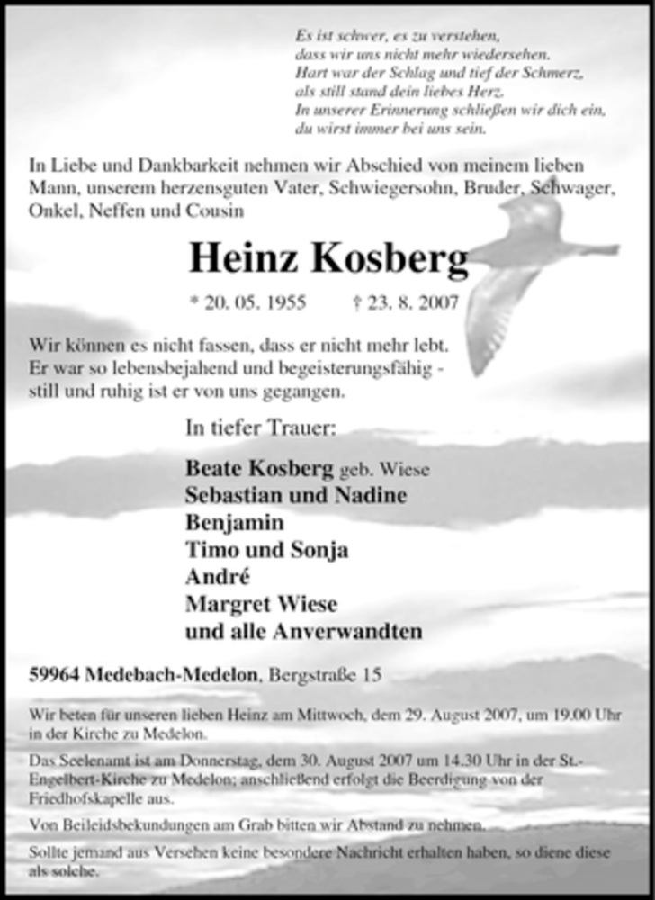  Traueranzeige für Heinz Kosberg vom 27.08.2007 aus Tageszeitung