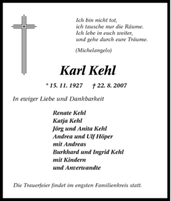 Traueranzeige von Karl Kehl von Tageszeitung