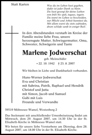 Traueranzeige von Marlene Jodwerschat von Tageszeitung