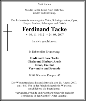 Traueranzeige von Ferdinand Tacke von Tageszeitung