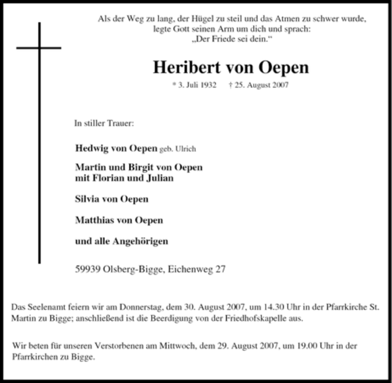  Traueranzeige für Heribert von Oepen vom 27.08.2007 aus Tageszeitung