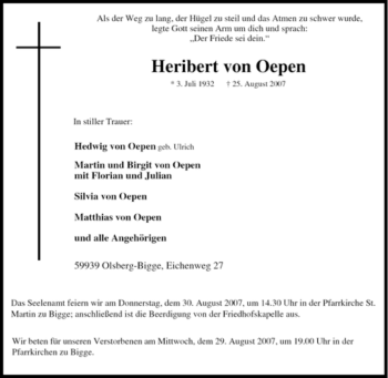 Traueranzeige von Heribert von Oepen von Tageszeitung