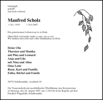 Traueranzeige von Manfred Scholz von Tageszeitung