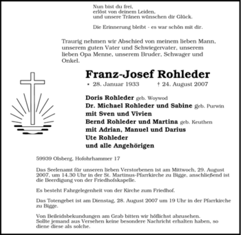 Traueranzeige von Franz-Josef Rohleder von Tageszeitung