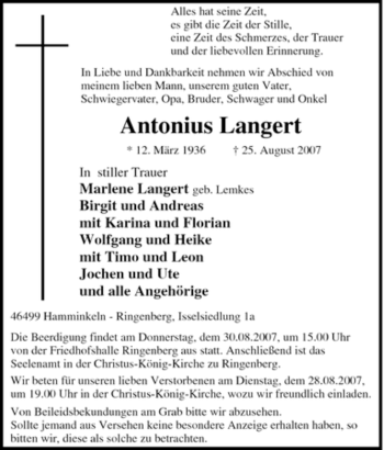 Traueranzeige von Antonius Langert von Tageszeitung