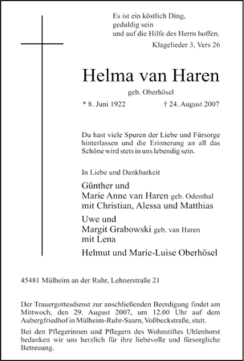 Traueranzeige von Helma van Haren von Tageszeitung