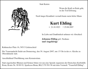 Traueranzeige von Kurt Ehling von Tageszeitung