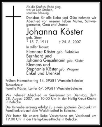 Traueranzeige von Johanna Köster von Tageszeitung