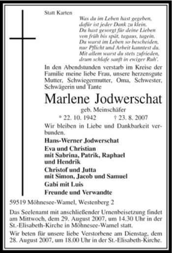 Traueranzeige von Marlene Jodwerschat von Tageszeitung