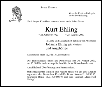 Traueranzeige von Kurt Ehling von Tageszeitung