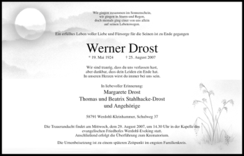 Traueranzeige von Werner Drost von Tageszeitung