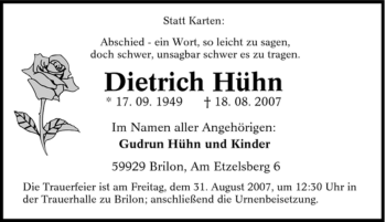 Traueranzeige von Dietrich Hühn von Tageszeitung