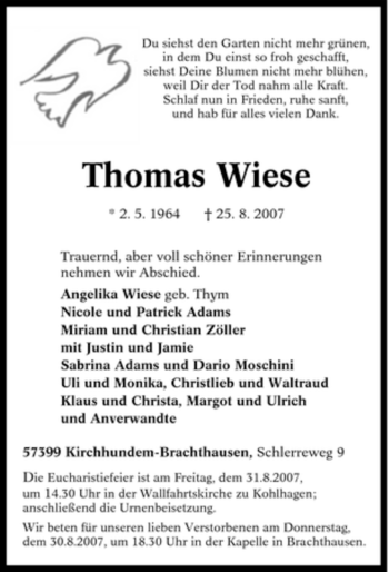 Traueranzeige von Thomas Wiese von Tageszeitung