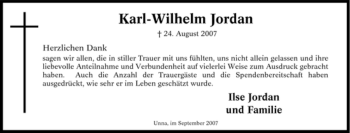 Traueranzeige von Karl-Wilhelm Jordan von Tageszeitung