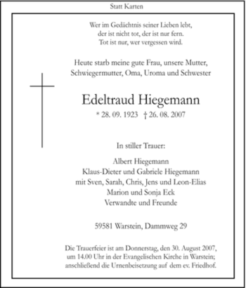 Traueranzeige von Edeltraud Hiegemann von Tageszeitung