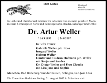 Traueranzeige von Artur Weller von Tageszeitung