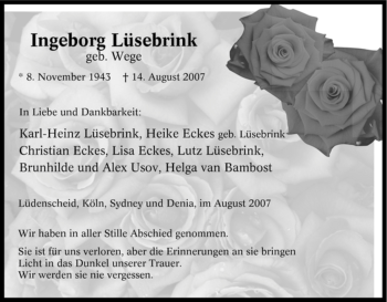 Traueranzeige von Ingeborg Lüsebrink von Tageszeitung